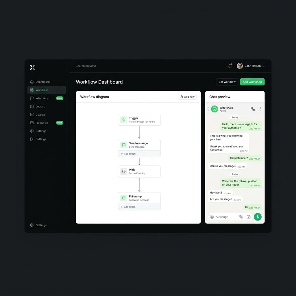 WhatsApp Automation Dashboard — workflow diagram with connected trigger, message, wait and follow-up nodes alongside a live chat preview